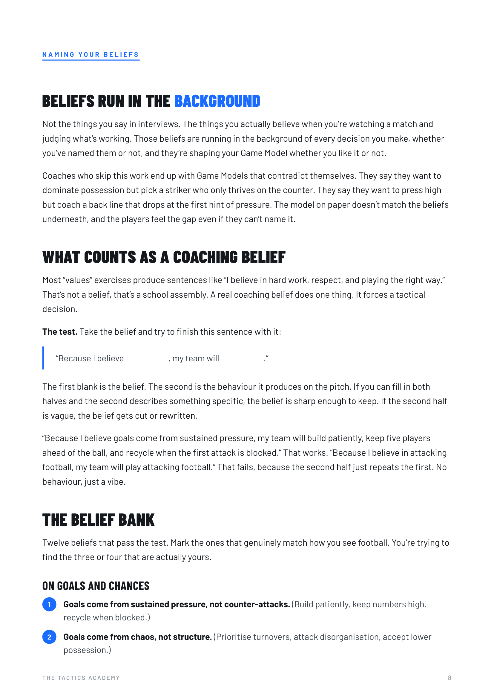 Workbook page: beliefs run in the background and what counts as a coaching belief