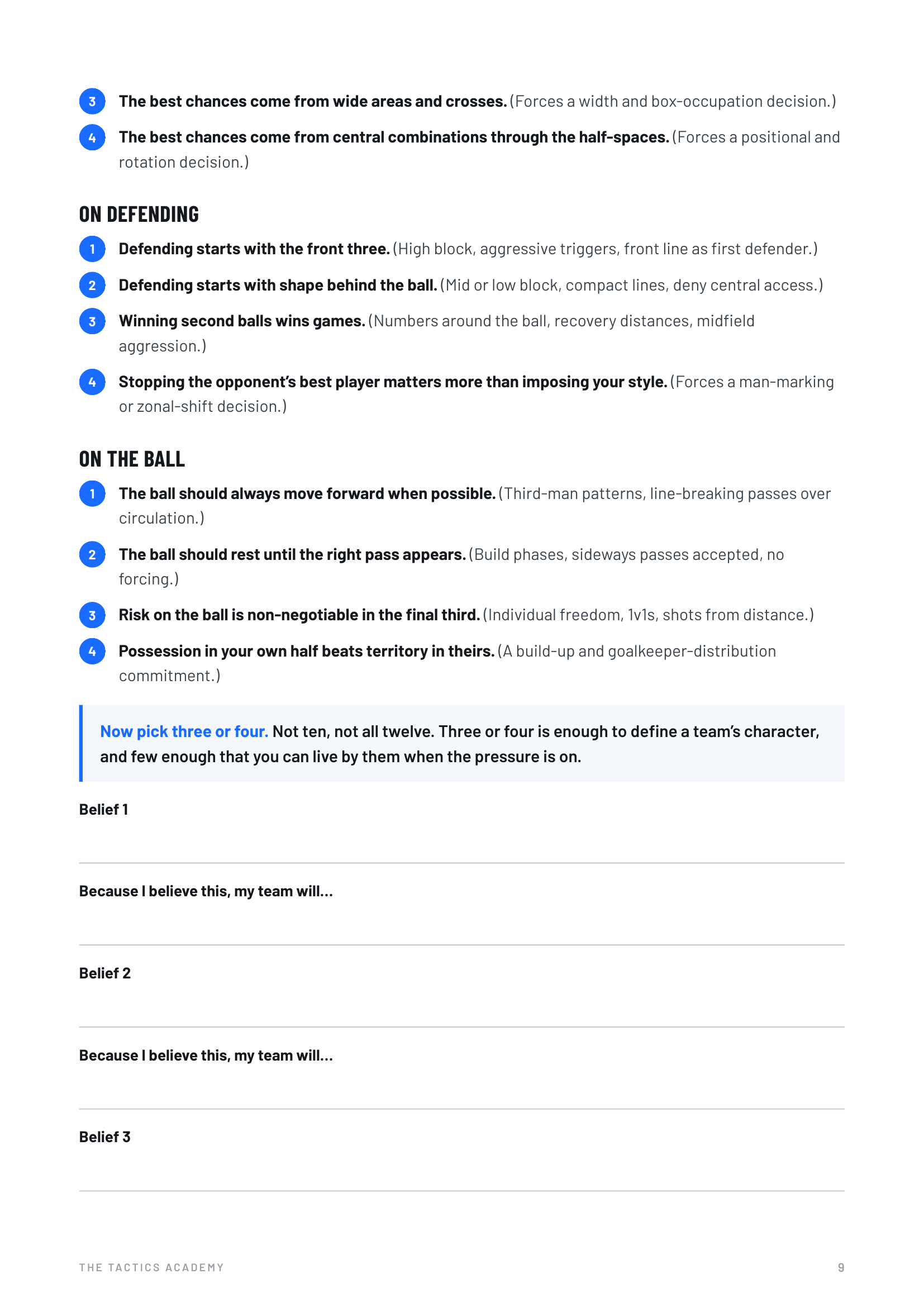 Workbook page: the belief bank, on defending and on the ball